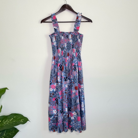 ❤️ Kate Spade Blue Garden Posy Smocked Midi Dress Casual Cotton N3 - Picture 2 of 10